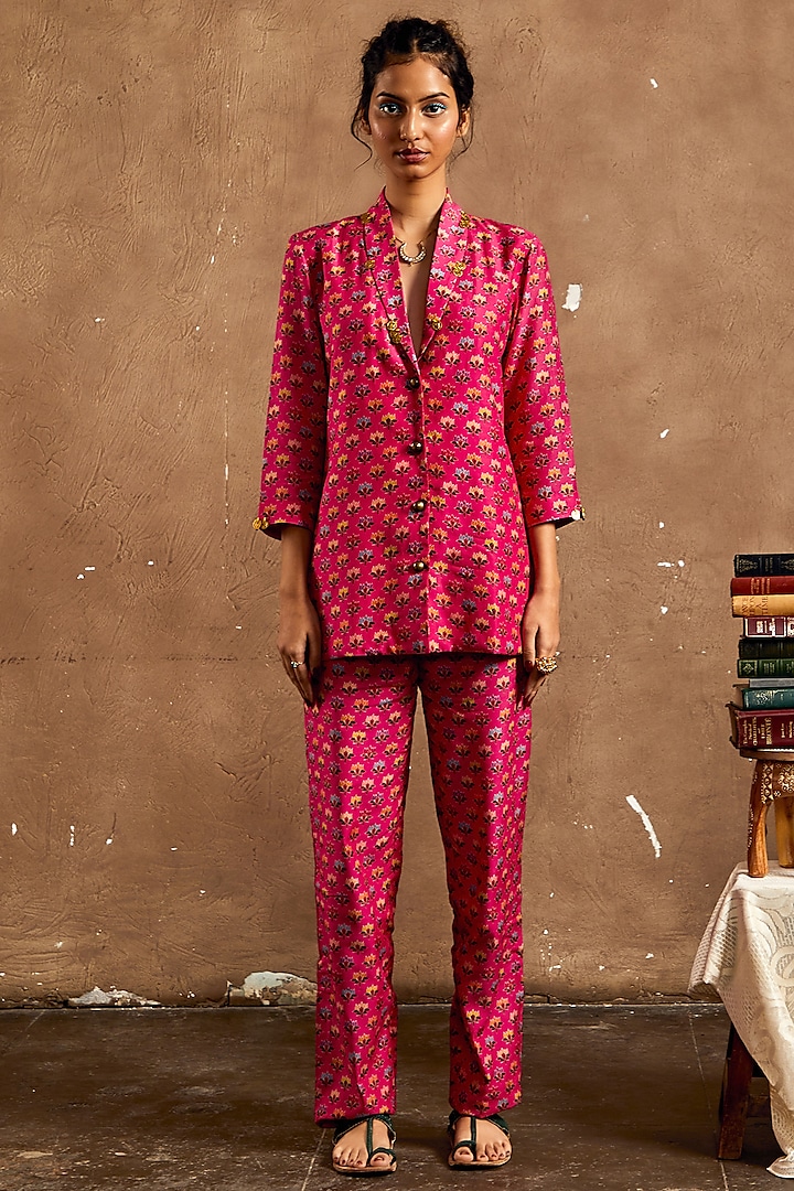 Pink Cotton Silk Printed Blazer Set by Label Kinjal Modi
