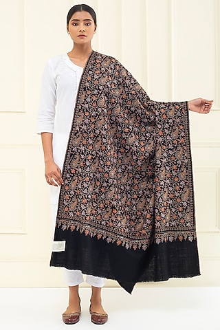 Black Pashmina Hand Embroidered Paisley Jamavar Shawl by Pashme`Ladakh