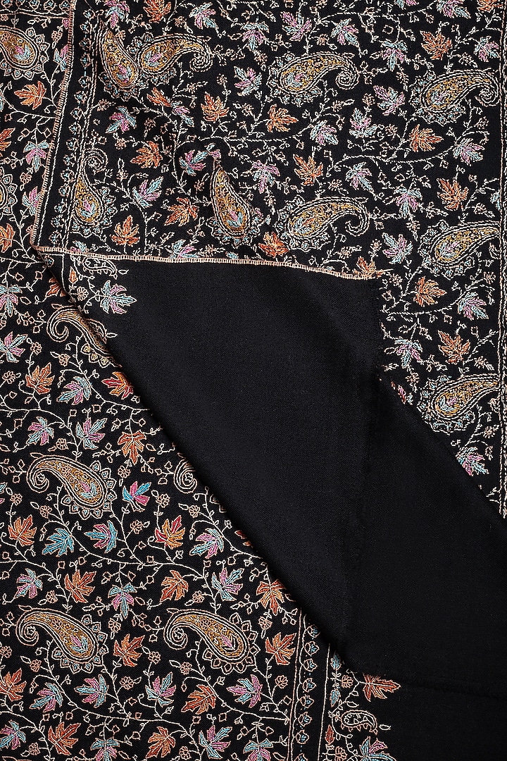 Black Pashmina Hand Embroidered Paisley Jamavar Shawl by Pashme`Ladakh at Pernia's Pop Up Shop