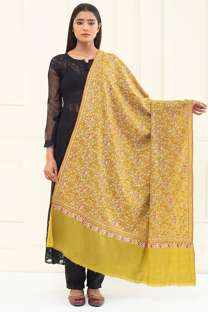 Mustard Yellow Pashmina Hand Embroidered Shawl by Pashme`Ladakh at Pernia's Pop Up Shop