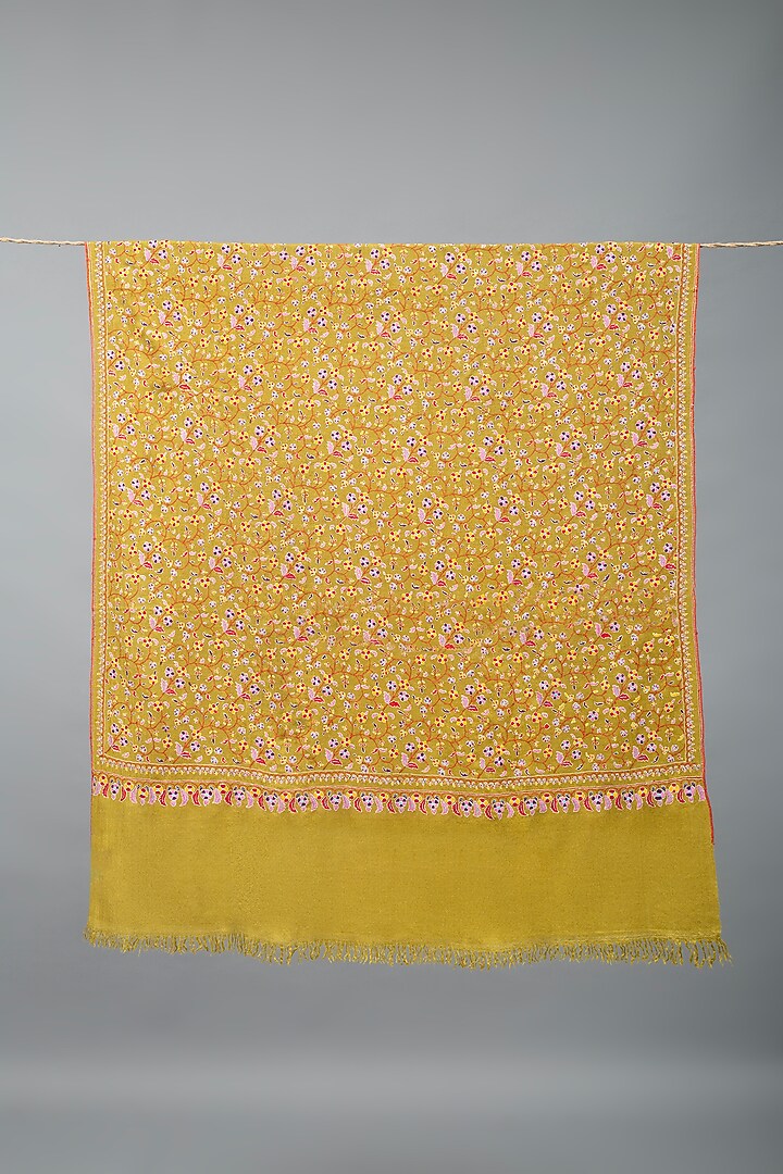 Mustard Yellow Pashmina Hand Embroidered Shawl by Pashme`Ladakh at Pernia's Pop Up Shop