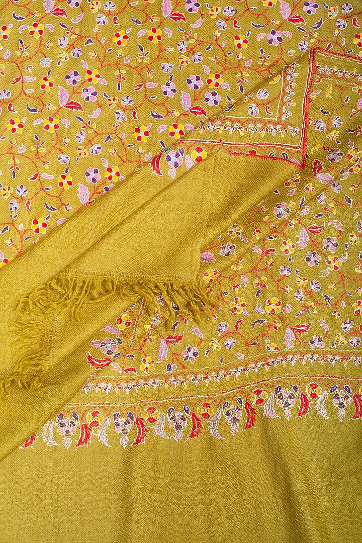Mustard Yellow Pashmina Hand Embroidered Shawl by Pashme`Ladakh at Pernia's Pop Up Shop