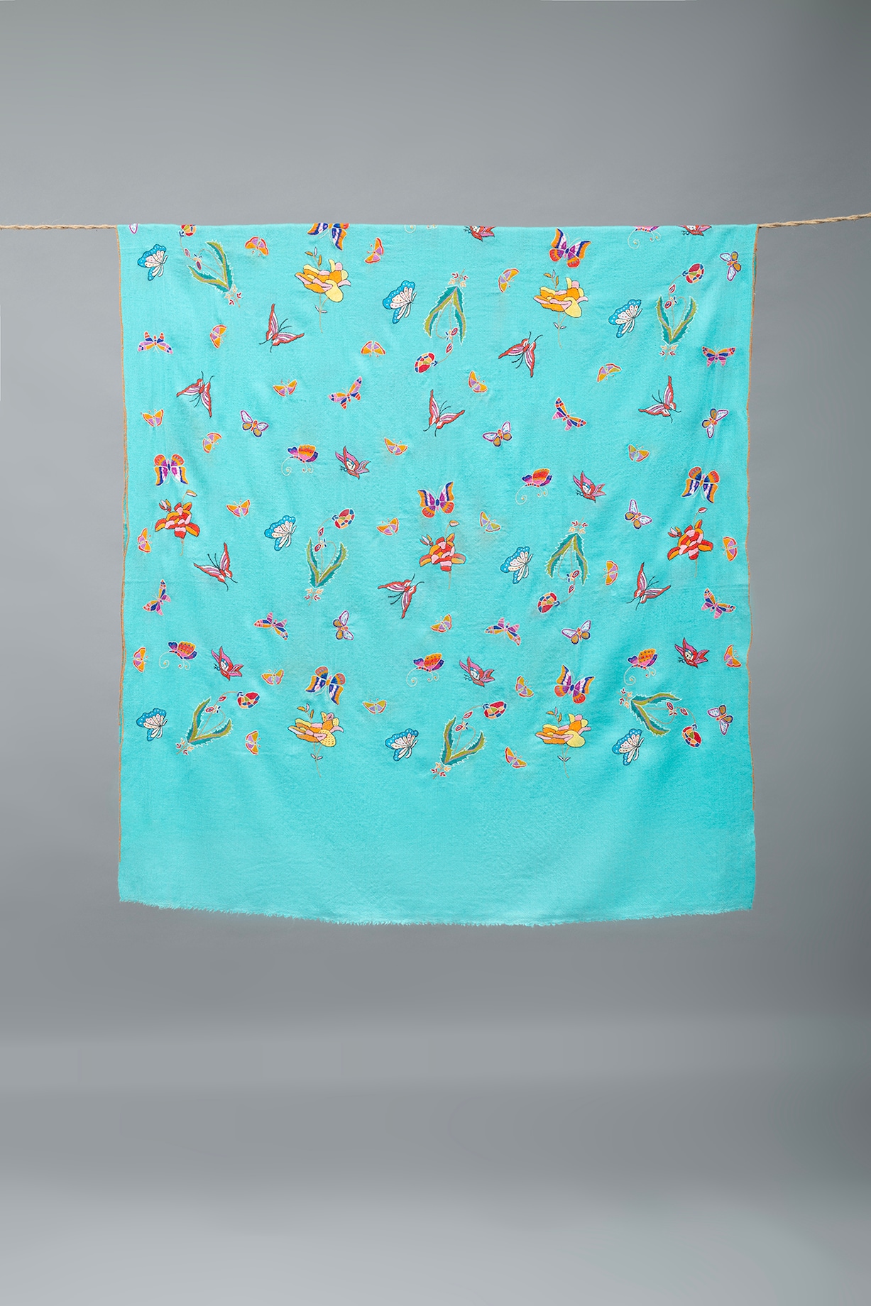 Buy Pashme`Ladakh Aqua Blue Pashmina Hand Embroidered Shawl at