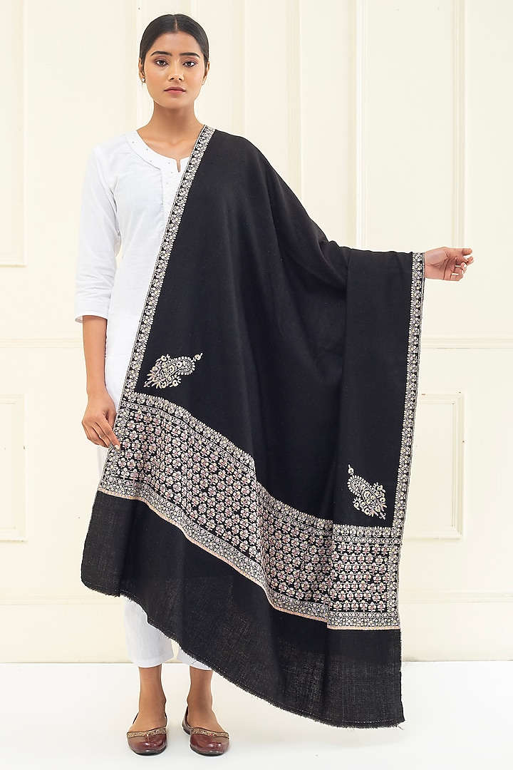 Black Pashmina Hand Embroidered Shawl by Pashme`Ladakh at Pernia's Pop Up Shop