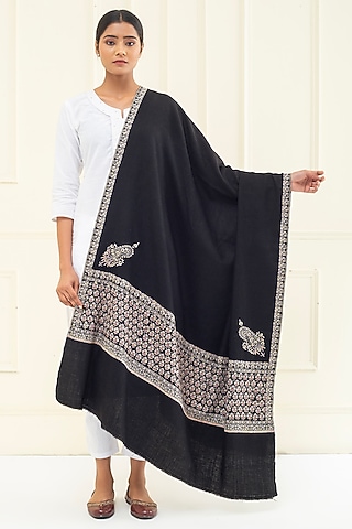 Black Pashmina Hand Embroidered Shawl by Pashme`Ladakh