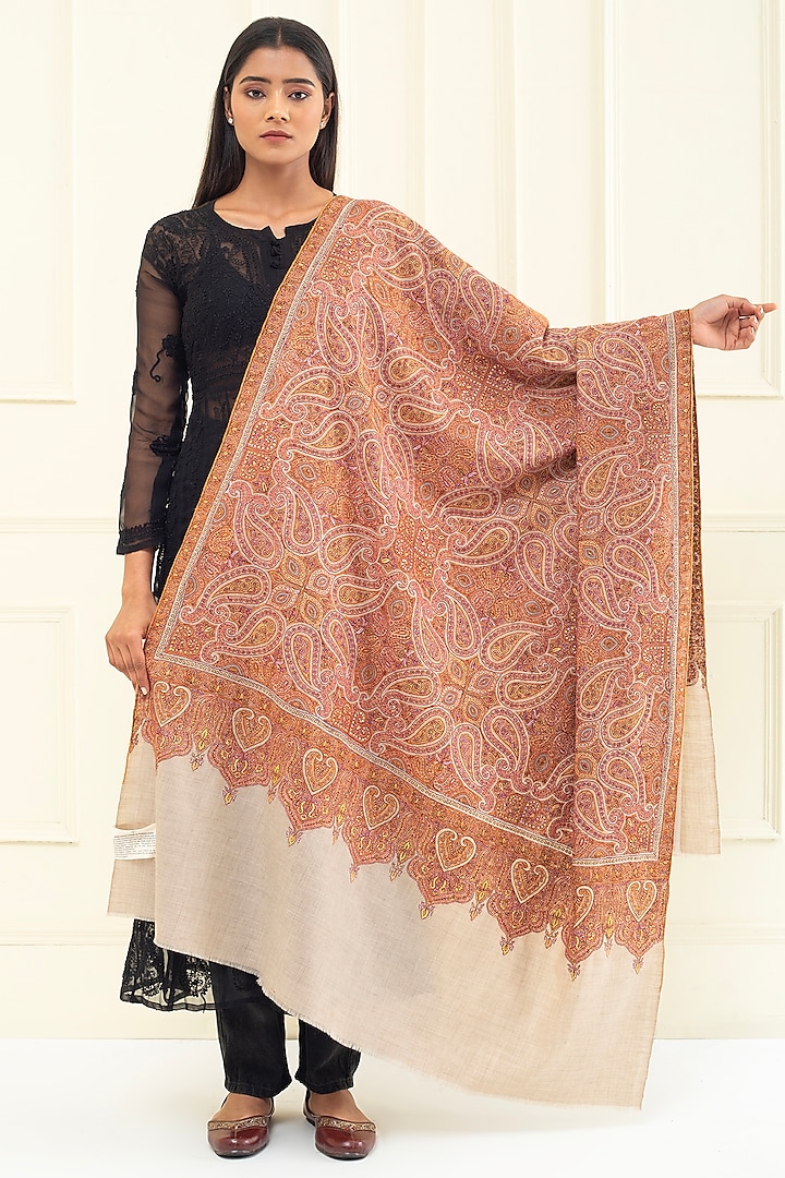 Beige Brown Pashmina Hand Embroidered Shawl by Pashme`Ladakh at Pernia's Pop Up Shop