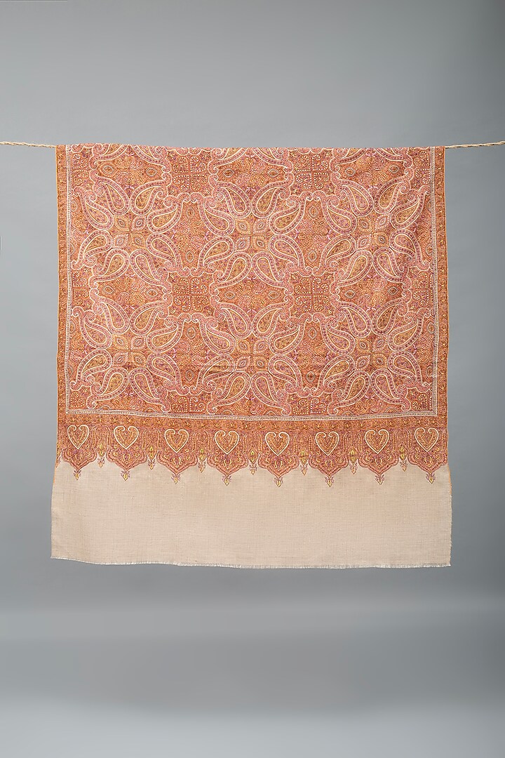 Beige Brown Pashmina Hand Embroidered Shawl by Pashme`Ladakh at Pernia's Pop Up Shop