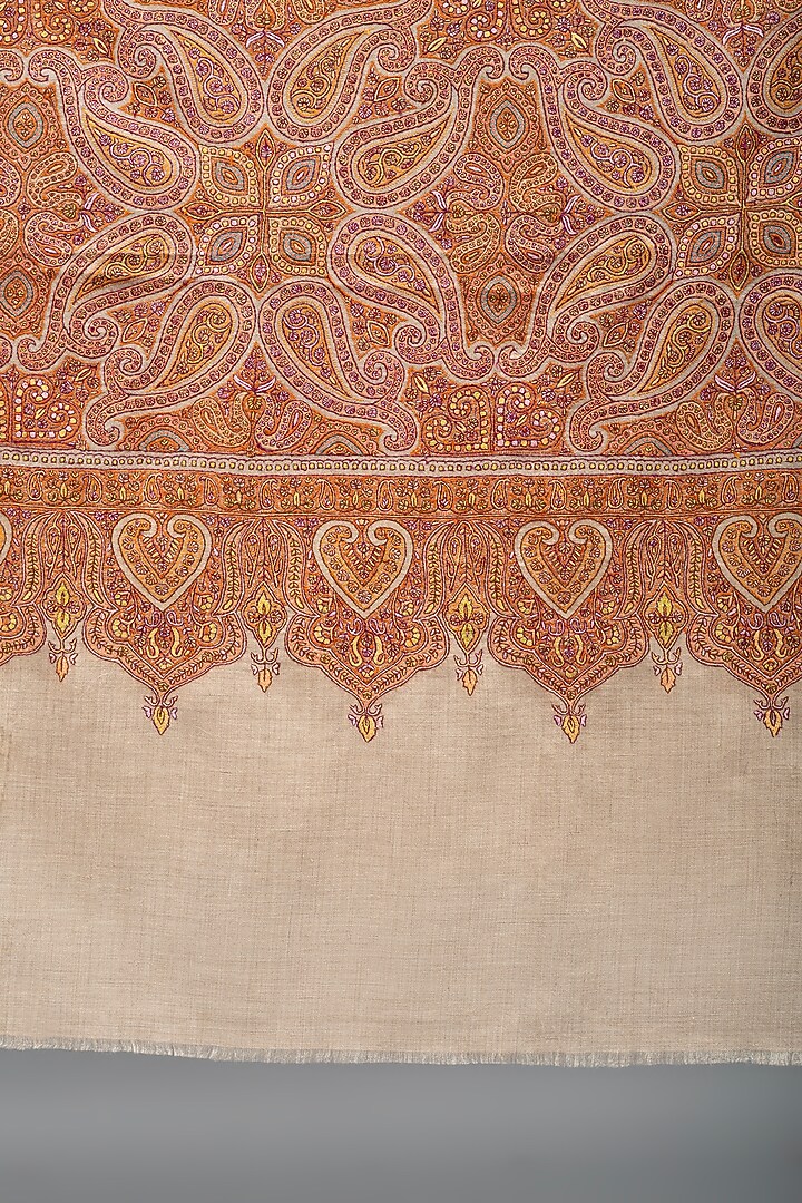 Beige Brown Pashmina Hand Embroidered Shawl by Pashme`Ladakh at Pernia's Pop Up Shop