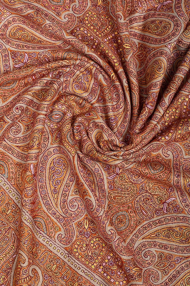 Beige Brown Pashmina Hand Embroidered Shawl by Pashme`Ladakh at Pernia's Pop Up Shop