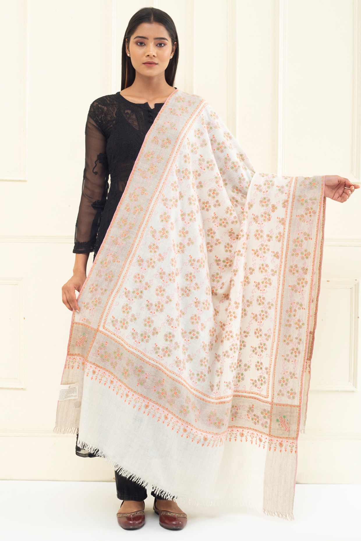 Ivory & Beige Pashmina Hand Embroidered Shawl by Pashme`Ladakh at