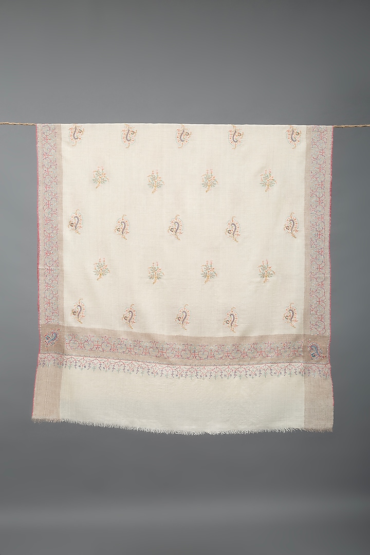 Ivory & Beige Pashmina Hand Embroidered Shawl by Pashme`Ladakh at Pernia's Pop Up Shop