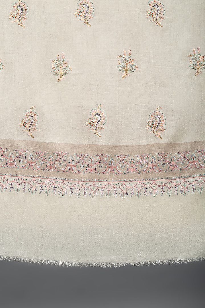 Ivory & Beige Pashmina Hand Embroidered Shawl by Pashme`Ladakh at Pernia's Pop Up Shop