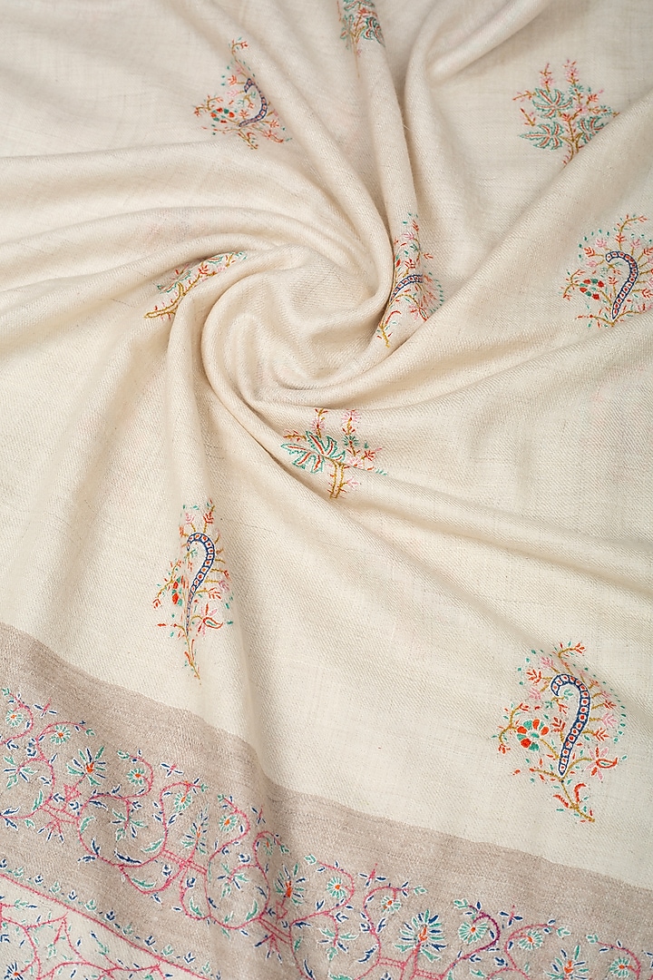 Ivory & Beige Pashmina Hand Embroidered Shawl by Pashme`Ladakh at Pernia's Pop Up Shop