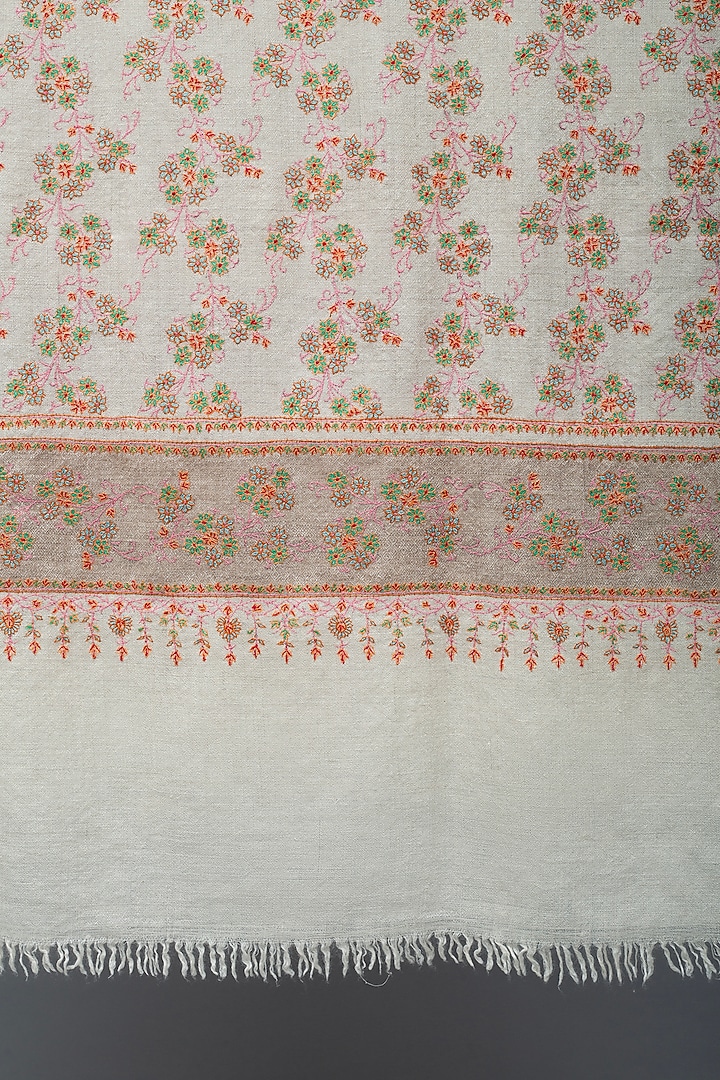 Ivory & Beige Pashmina Hand Embroidered Shawl by Pashme`Ladakh at Pernia's Pop Up Shop
