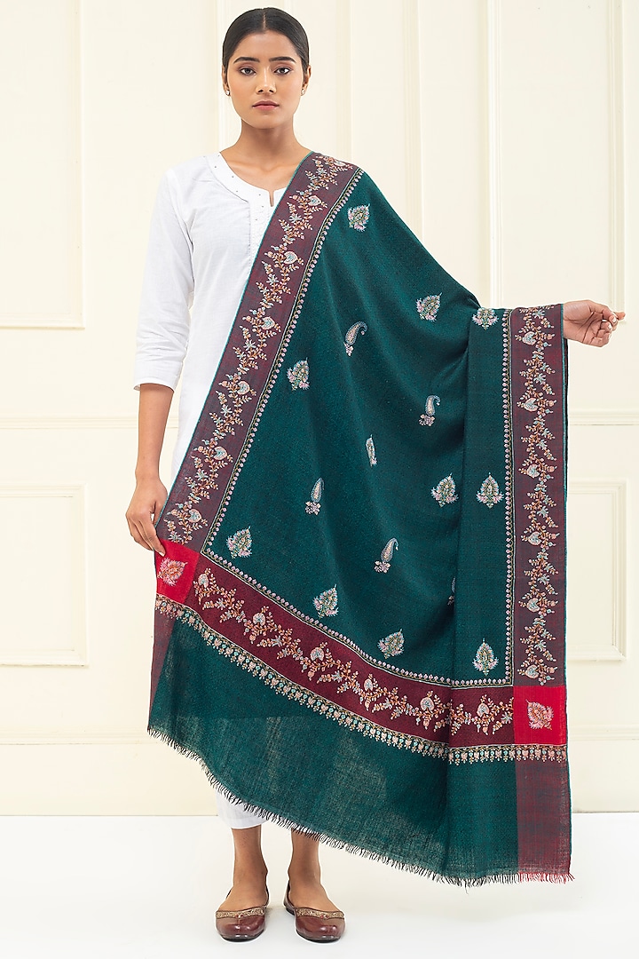 Leaf Green Pashmina Hand Embroidered Shawl by Pashme`Ladakh at Pernia's Pop Up Shop