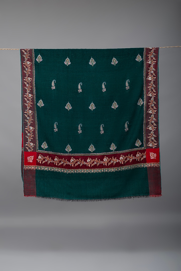Leaf Green Pashmina Hand Embroidered Shawl by Pashme`Ladakh at Pernia's Pop Up Shop