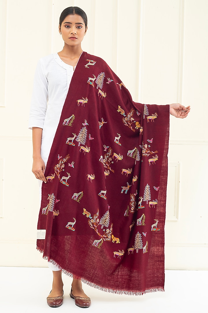 Burgundy Red Pashmina Hand Embroidered Shawl by Pashme`Ladakh at Pernia's Pop Up Shop