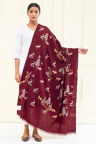 Burgundy Red Pashmina Hand Embroidered Shawl by Pashme`Ladakh