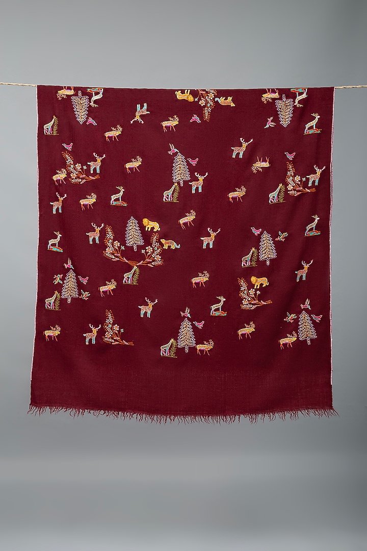 Burgundy Red Pashmina Hand Embroidered Shawl by Pashme`Ladakh at Pernia's Pop Up Shop
