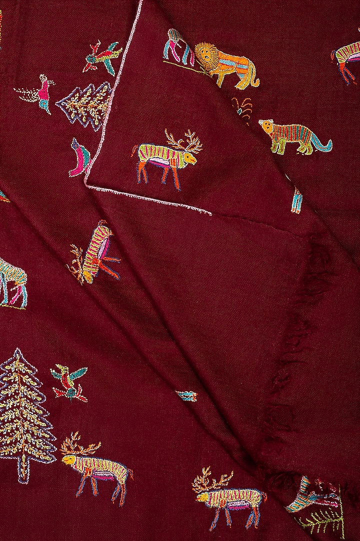 Burgundy Red Pashmina Hand Embroidered Shawl by Pashme`Ladakh at Pernia's Pop Up Shop