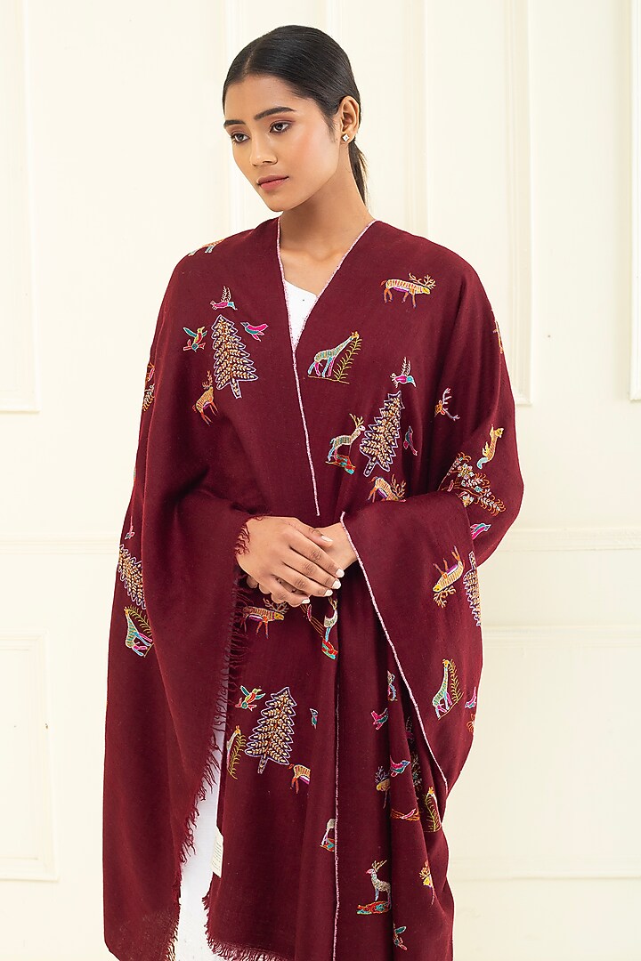Burgundy Red Pashmina Hand Embroidered Shawl by Pashme`Ladakh at Pernia's Pop Up Shop