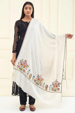 Ivory Pashmina Hand Embroidered Shawl by Pashme`Ladakh