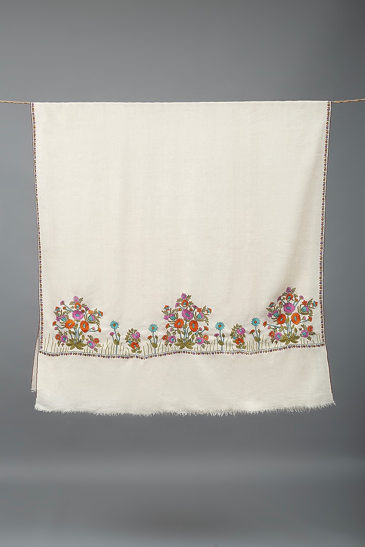 Ivory Pashmina Hand Embroidered Shawl by Pashme`Ladakh at Pernia's Pop Up Shop