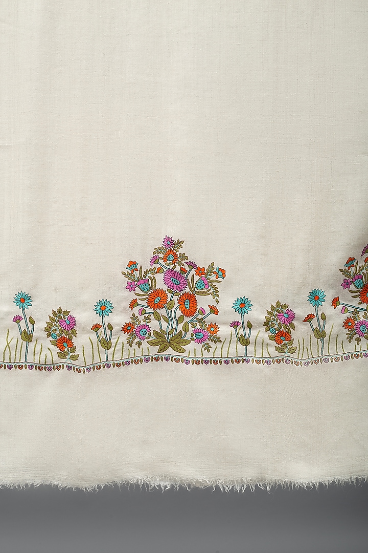 Ivory Pashmina Hand Embroidered Shawl by Pashme`Ladakh at Pernia's Pop Up Shop
