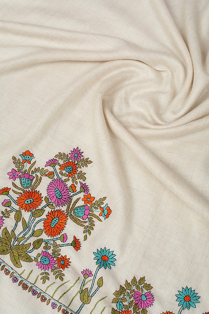 Ivory Pashmina Hand Embroidered Shawl by Pashme`Ladakh at Pernia's Pop Up Shop