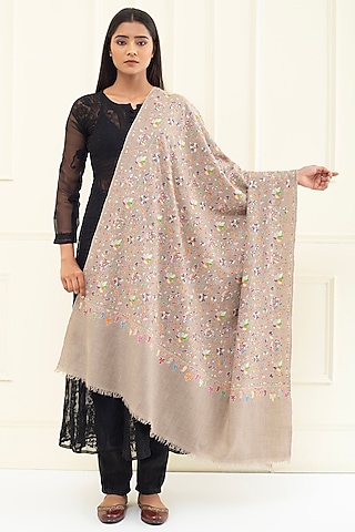 Nude Brown Pashmina Hand Embroidered Shawl by Pashme`Ladakh
