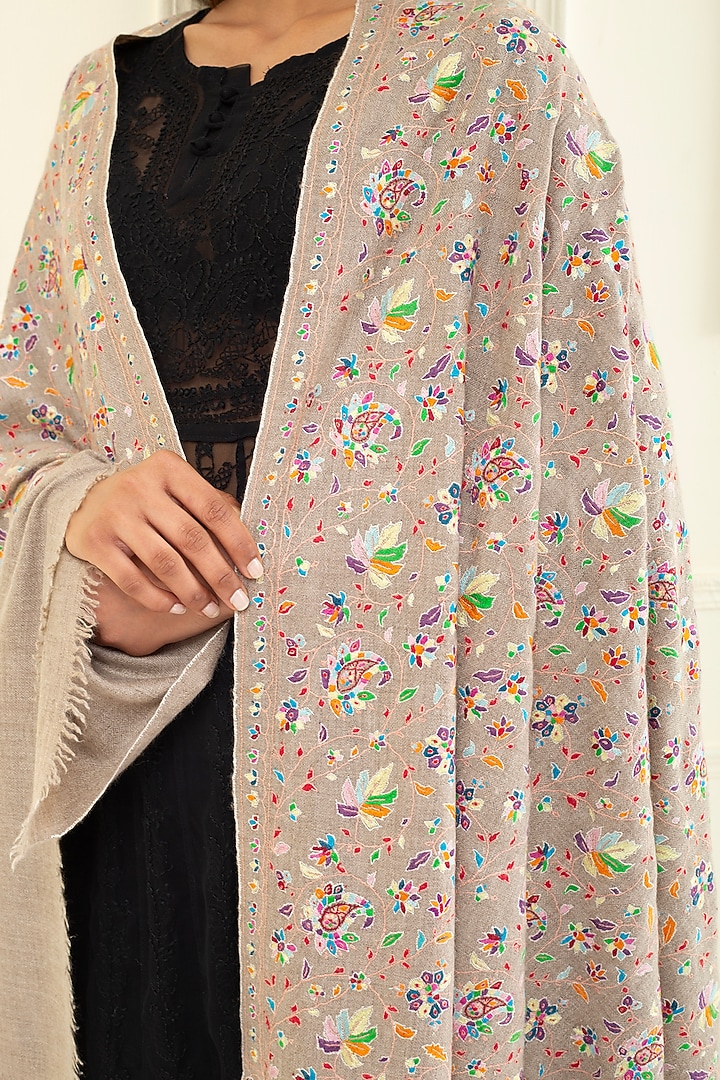 Nude Brown Pashmina Hand Embroidered Shawl by Pashme`Ladakh at Pernia's Pop Up Shop