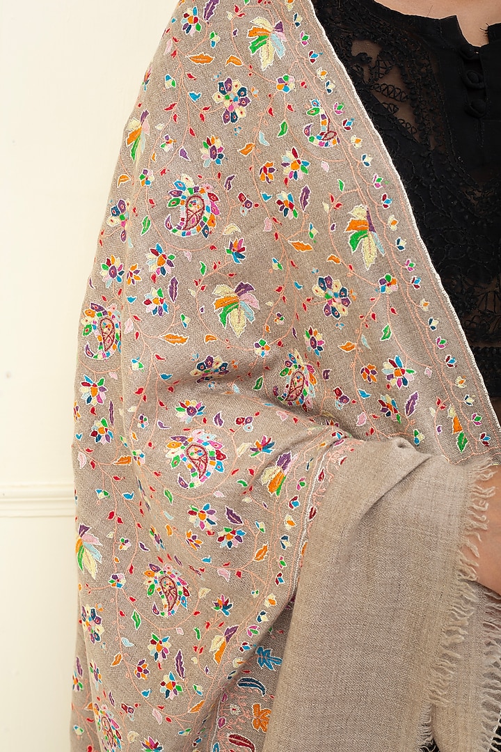Nude Brown Pashmina Hand Embroidered Shawl by Pashme`Ladakh at Pernia's Pop Up Shop