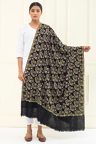 Black Pashmina Hand Embroidered Shawl by Pashme`Ladakh