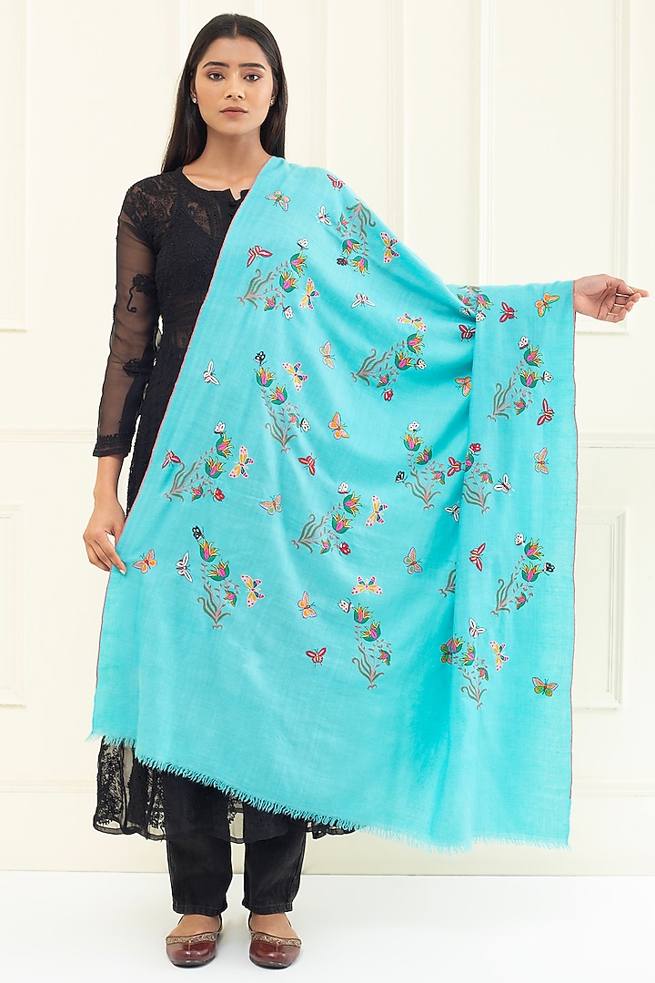 Sky Blue Pashmina Hand Embroidered Shawl by Pashme`Ladakh at Pernia's Pop Up Shop