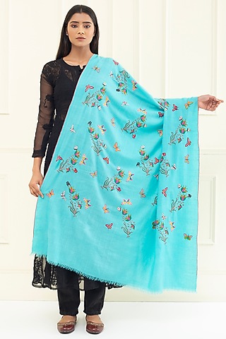 Sky Blue Pashmina Hand Embroidered Shawl by Pashme`Ladakh