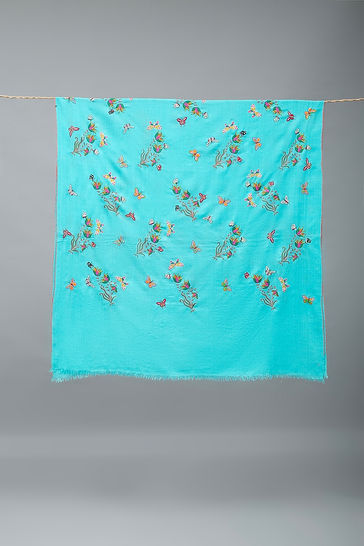 Sky Blue Pashmina Hand Embroidered Shawl by Pashme`Ladakh at Pernia's Pop Up Shop