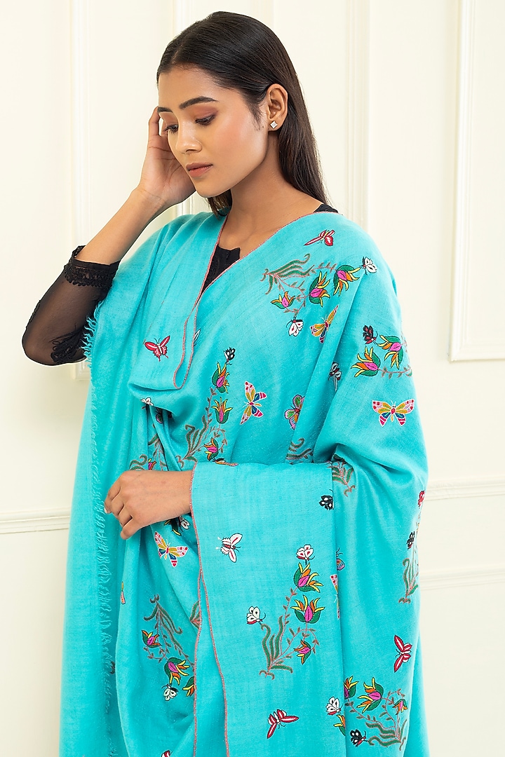 Sky Blue Pashmina Hand Embroidered Shawl by Pashme`Ladakh at Pernia's Pop Up Shop