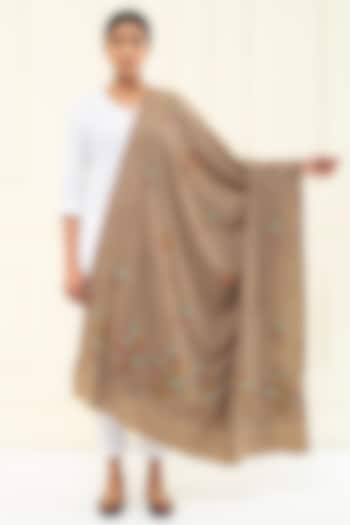 Tan Brown Pashmina Hand Embroidered Shawl by Pashme`Ladakh at Pernia's Pop Up Shop