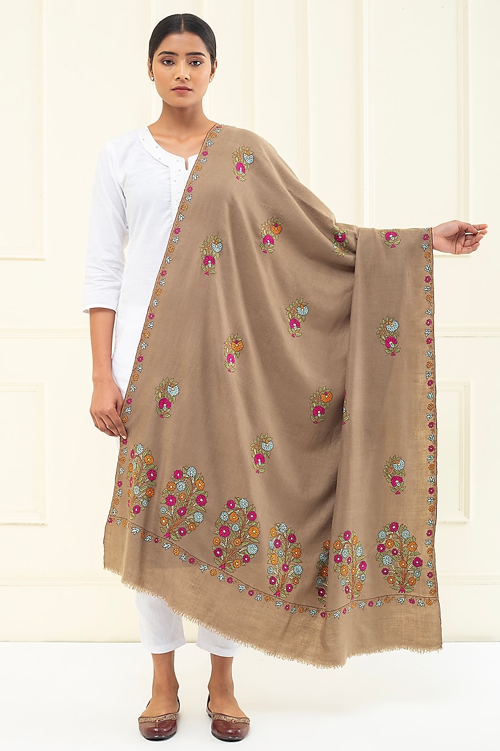 Tan Brown Pashmina Hand Embroidered Shawl by Pashme`Ladakh at Pernia's Pop Up Shop