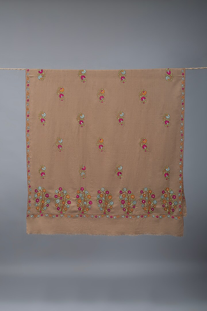 Tan Brown Pashmina Hand Embroidered Shawl by Pashme`Ladakh at Pernia's Pop Up Shop