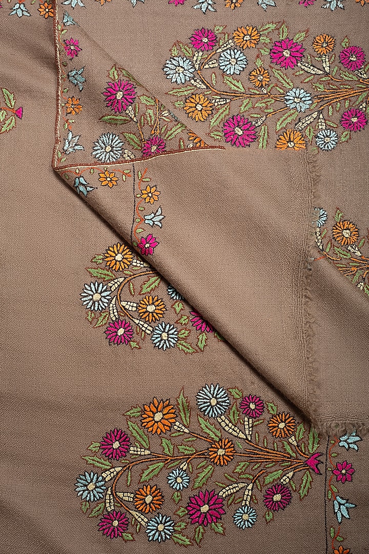 Tan Brown Pashmina Hand Embroidered Shawl by Pashme`Ladakh at Pernia's Pop Up Shop