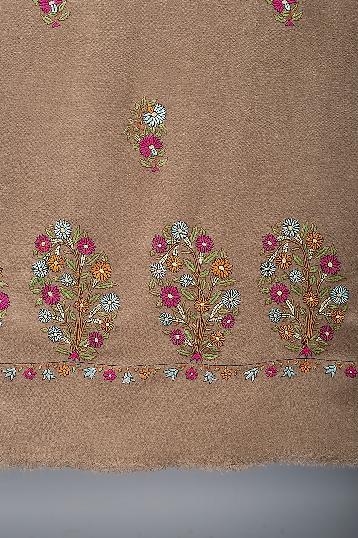 Tan Brown Pashmina Hand Embroidered Shawl by Pashme`Ladakh at Pernia's Pop Up Shop