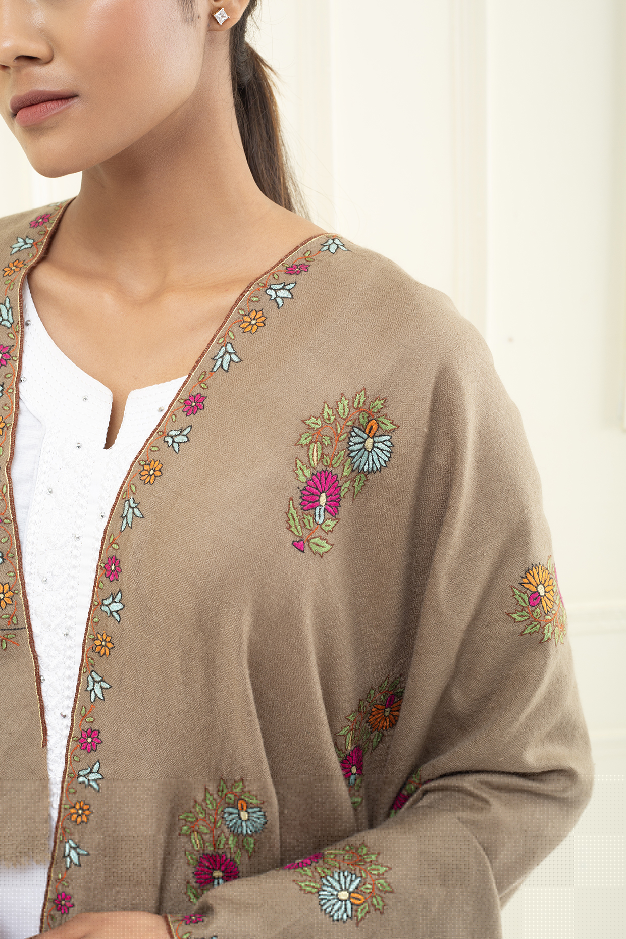 Tan Brown Pashmina Hand Embroidered Shawl by Pashme`Ladakh at Pernia's Pop Up Shop