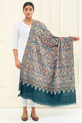 Teal Green Pashmina Hand Embroidered Shawl by Pashme`Ladakh