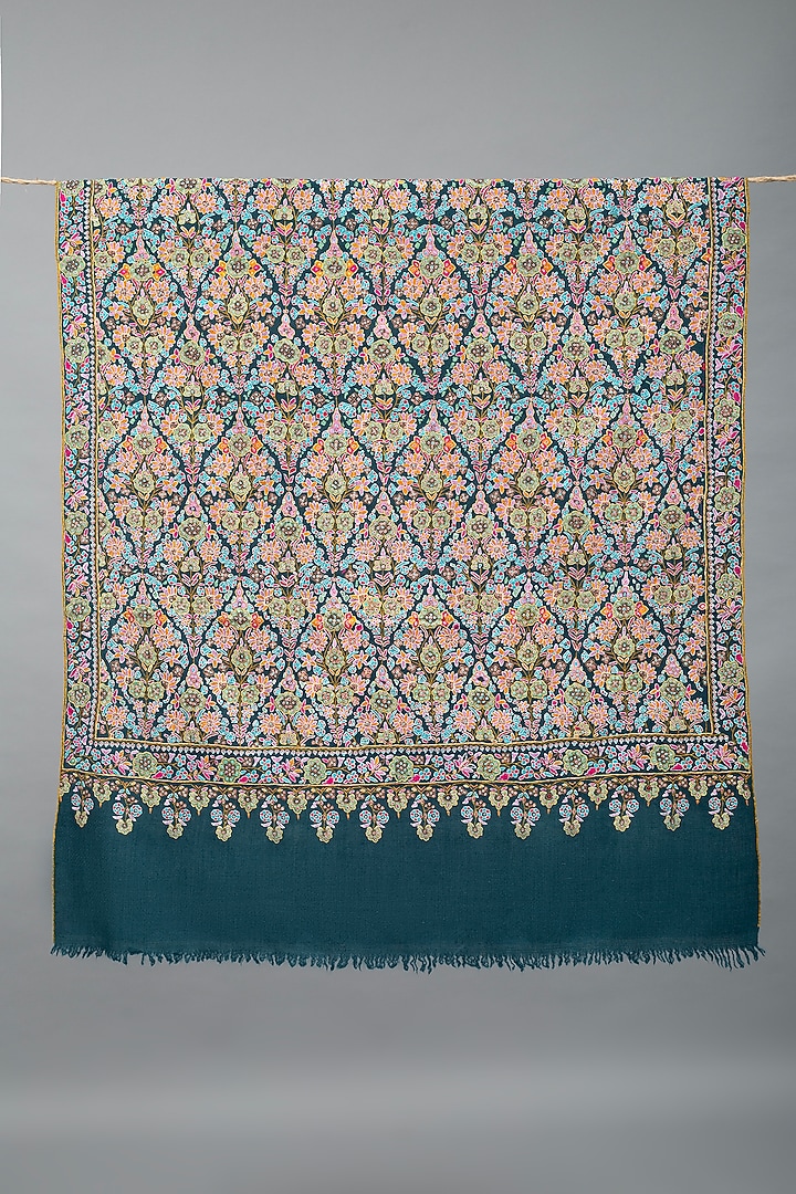 Teal Green Pashmina Hand Embroidered Shawl by Pashme`Ladakh at Pernia's Pop Up Shop