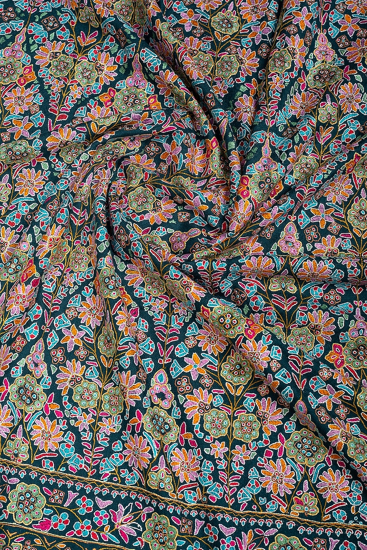 Teal Green Pashmina Hand Embroidered Shawl by Pashme`Ladakh at Pernia's Pop Up Shop