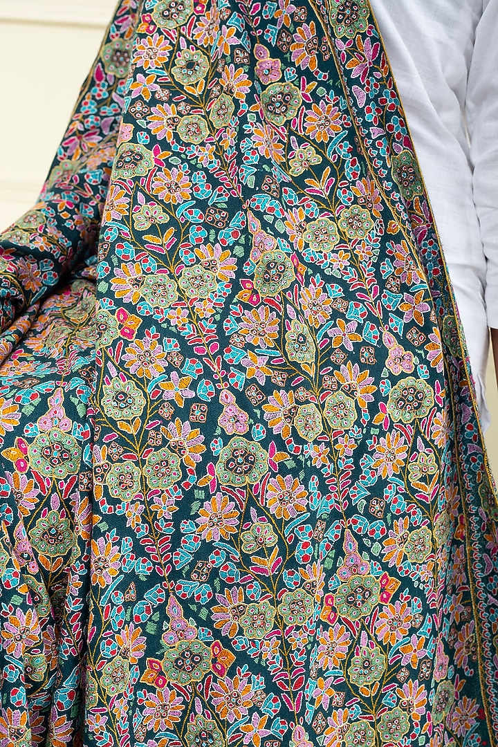 Teal Green Pashmina Hand Embroidered Shawl by Pashme`Ladakh at Pernia's Pop Up Shop