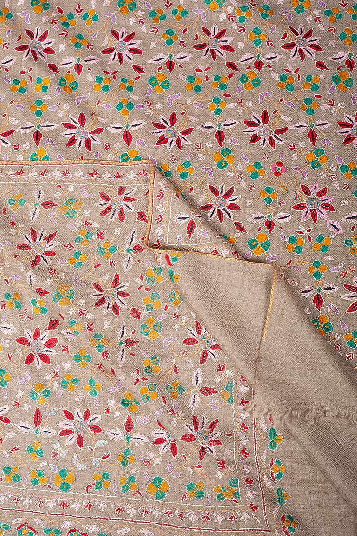 Beige Pashmina Hand Embroidered Shawl by Pashme`Ladakh at Pernia's Pop Up Shop
