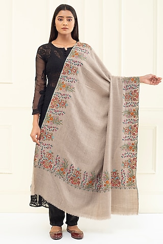 Beige Pashmina Hand Embroidered Shawl by Pashme`Ladakh