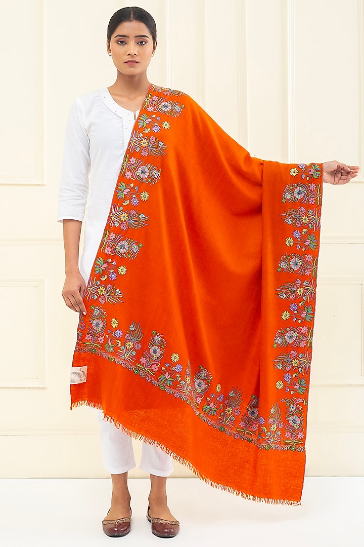 Rust Orange Pashmina Hand Embroidered Shawl by Pashme`Ladakh at Pernia's Pop Up Shop